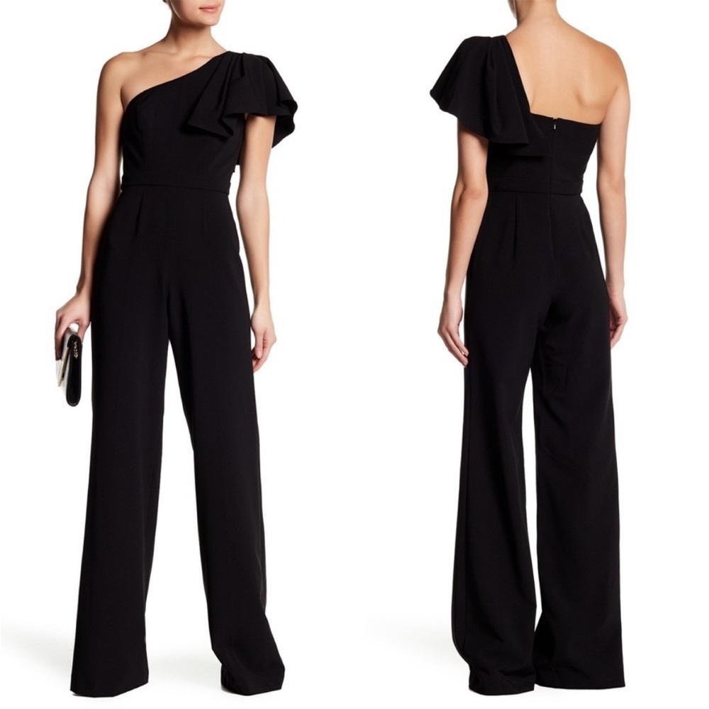 JAYGODFREY Hamilton One Shoulder Ruffle Black Wide Leg Classic‎ Jumpsuit Size 4